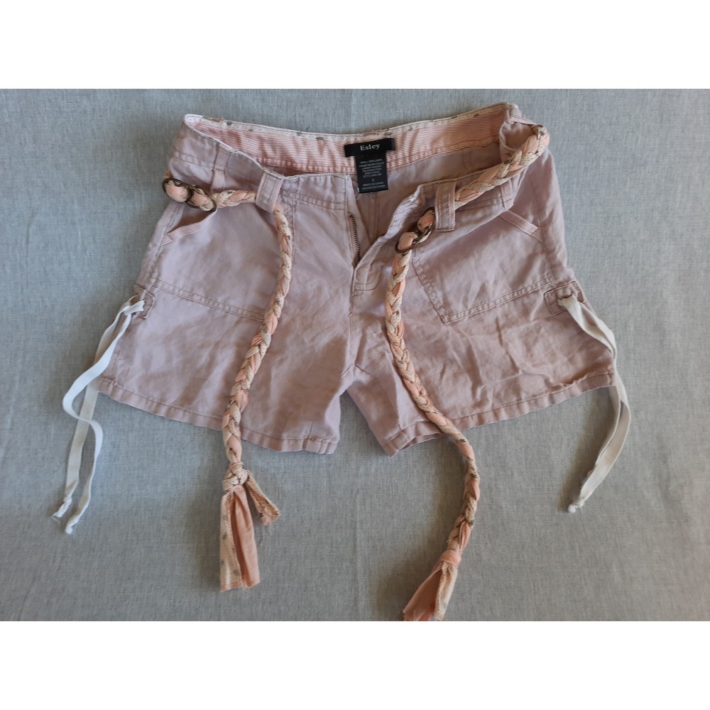 Esley Women Small Pure Linen Beige Embellished Boho Shorts w/ Braided Strap Belt